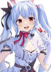 1girl :d ace_(playing_card) ace_of_hearts animal_ear_fluff animal_ears black_bow black_bra black_sash blue_hair bow bowtie bra breasts card cleavage cleavage_cutout clothing_cutout commentary_request cosplay costume_switch dress frilled_dress frills gloves hair_bobbles hair_bow hair_ornament heart highres holding holding_card hololive light_blue_hair long_hair looking_at_viewer nijisanji open_mouth orange_eyes playing_card puffy_short_sleeves puffy_sleeves rabbit_ears rabbit_girl red_bow sash short_sleeves simple_background small_breasts smile solo striped_clothes striped_dress thick_eyebrows twintails two-tone_dress underwear usada_pekora vertical-striped_clothes vertical-striped_dress virtual_youtuber white_background white_dress white_gloves yorumi_rena yorumi_rena_(1st_costume) yorumi_rena_(cosplay) yuusa