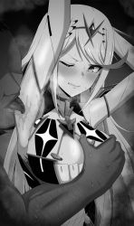 1boy 1girl armpits arms_behind_head arms_up bare_shoulders blush breasts chest_jewel cleavage cleavage_cutout clenched_teeth clothing_cutout dress earrings elbow_gloves eruu_(eruuman) gloves grabbing_another&#039;s_breast greyscale groping highres jewelry large_breasts licking licking_armpit long_hair looking_to_the_side monochrome monolith_soft mythra_(xenoblade) one_eye_closed sidelocks steaming_body swept_bangs teeth tiara translation_request xeno_(series) xenoblade_chronicles_(series) xenoblade_chronicles_2