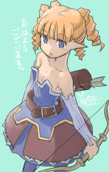 1girl archer_(disgaea) bare_shoulders belt blonde_hair blue_eyes breasts detached_sleeves disgaea dress drill_hair highres long_hair looking_at_viewer makai_senki_disgaea_3 open_mouth oyster_(artist) pantyhose pointy_ears simple_background small_breasts solo twin_drills twintails
