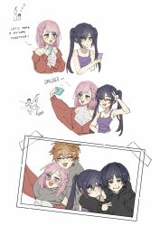 2boys 2girls @_@ ahoge alternate_costume aqua_eyes armpit_crease black_hair black_hoodie black_sleeves blunt_bangs blush braid breasts camisole casual charlotte_(genshin_impact) cheek_press cheek_pull cleavage closed_eyes contemporary couple cropped_torso english_text eyelashes genshin_impact gift_art grey_eyes grey_hoodie grey_sleeves grin group_picture hair_between_eyes half_up_braid hand_up hetero highres holding holding_phone hood hoodie hug hug_from_behind long_sleeves looking_at_another mandarin_collar mona_(genshin_impact) monocle multiple_boys multiple_girls off_shoulder open_mouth orange_hair parted_bangs phone pink_hair purple_camisole red_sleeves scaramouche_(genshin_impact) second-party_source selfie shirt short_hair smile taking_picture tartaglia_(genshin_impact) teeth tsurime twintails v white_background white_shirt yellow-framed_eyewear ysnden