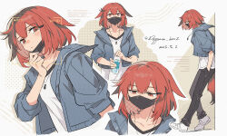 1girl absurdres animal_ears arknights battery_indicator blue_jacket bottle chinese_commentary closed_mouth commentary_request covered_mouth crownslayer_(arknights) dated dopperu_ben double_exposure drink hair_between_eyes hands_in_pockets highres holding holding_bottle holding_drink jacket looking_at_viewer looking_down looking_up mask mouth_mask multiple_views pants plastic_bottle profile recording red_eyes red_hair red_tail shirt short_hair standing t-shirt tail viewfinder water_bottle white_shirt