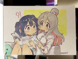 Rule 34 | !?, 2girls, :d, ahoge, alternate breast size, artist name, black eyes, black hair, blush, book, breast press, bright pupils, colored inner hair, commentary request, couch, dress shirt, grey hair, hair ornament, hairclip, highres, holding, holding book, lab coat, long hair, long sleeves, matado (almukha), multicolored hair, multiple girls, onii-chan wa oshimai!, open book, open mouth, oyama mahiro, oyama mihari, photo (medium), pink hair, pointing, shirt, siblings, sisters, sitting, smile, sweatdrop, traditional media, twintails, twitter username, two-tone hair, white shirt