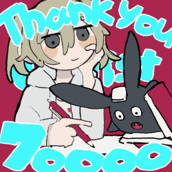 1girl akutagawa_yomuko alien animal_ears artist_request black_eyes blonde_hair blush_stickers book closed_mouth colored_tears colored_teeth commentary commentary_request double-parted_bangs english_text eyes_over_blush gogh:_focus_with_your_avatar grey_hair heart heart_print highres holding holding_pen hood hood_down jacket kuroda_42 long_hair looking_at_object milestone_celebration official_art open_clothes open_jacket open_mouth paper pen print_shirt rabbit_ears red_background red_teeth second-party_source shirt simple_background smile thank_you thick_lineart twintails unzipped white_hood white_jacket white_shirt white_sleeves