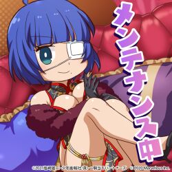 1girl blue_hair breasts chibi cleavage dress eyepatch green_eyes ikkitousen large_breasts official_art ryomou_shimei solo