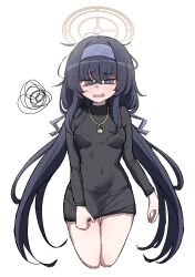 1girl absurdres balenjeong black_hair black_shirt blue_archive blush bra_visible_through_clothes brown_halo covered_navel hair_between_eyes hairband halo highres jewelry long_hair long_sleeves necklace pantylines pulling_own_clothes purple_eyes purple_hairband shirt squiggle turtleneck ui_(blue_archive)