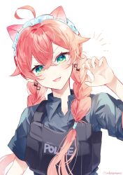 1girl ahoge animal_ears black_shirt blush commentary earrings green_eyes hashtag-only_commentary highres jewelry kemonomimi_mode looking_at_viewer maid_headdress nijisanji notice_lines open_mouth red_hair shirt shishido_akari solo sudasamo twitter_username virtual_youtuber white_background