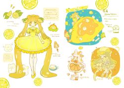 2girls :o absurdly_long_hair animal animal_hug beach_umbrella bear blonde_hair bow bright_pupils chair chibi closed_eyes closed_mouth creature crescent double_bun dress elbows_on_table food food-themed_clothes food-themed_hair_ornament frilled_dress frilled_pajamas frilled_sleeves frills fruit hair_bun hair_ornament head_on_hands head_rest highres hug innertube leaf_hair_ornament leaning_forward lemon lemon_hair_ornament lemon_slice liquid_hair long_hair looking_at_viewer lounge_chair low_twintails multiple_girls neckerchief orange_bow orange_dress orange_eyes orange_hair orange_hair_ornament orange_shoes original pajamas parted_lips planet puffy_short_sleeves puffy_sleeves reference_sheet rocket shoes short_sleeves smile socks standing sunglasses swim_ring swimming symbol-shaped_pupils tabasukokororin table translation_request twintails ufo umbrella very_long_hair white_hair white_pupils wristband yellow_dress yellow_eyes yellow_neckerchief yellow_shoes