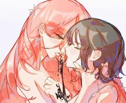 2girls alien_stage black_blood black_hair blood closed_eyes commentary english_commentary half-closed_eyes hand_on_another&#039;s_neck heart-shaped_gem highres ktsnartemis long_hair mizi_(alien_stage) mouth_hold multiple_girls pink_hair short_hair sua_(alien_stage) yuri