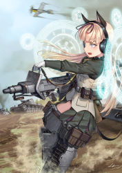 1girl aircraft airplane ammunition_pouch animal_ears black_ribbon blonde_hair blunt_bangs caterpillar_tracks commentary_request gloves green_shirt hair_ribbon headphones holding holding_weapon kws long_hair long_sleeves magic_circle military military_vehicle motor_vehicle outdoors panzer_iv pouch propeller_fighter ribbon shirt smoke solo strike_witches tail tank thigh_pouch weapon white_gloves world_witches_series