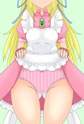 1girl absurdres apron blonde_hair blush bow bowtie clothes_lift commission dress dress_lift eyes_out_of_frame gloves head_out_of_frame highres lifting_own_clothes lilith_aileron long_hair panties pink_bow pink_bowtie pink_dress pink_panties ribbon short_hair shu~~n simple_background skirt skirt_lift smile solo striped_clothes striped_panties tales_of_(series) tales_of_destiny underwear very_short_hair white_background white_stripes