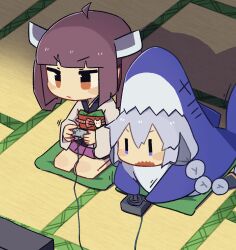 2girls ahoge animal_costume blue_eyes blunt_bangs blush_stickers braid brown_eyes brown_hair chibi chibi_only closed_mouth commentary_request controller game_controller grey_hair headgear highres holding holding_controller holding_game_controller indoors japanese_clothes kimono kizuna_akari konohoshi long_hair long_sleeves multiple_girls obi obijime open_mouth playing_games pleated_skirt purple_skirt red_sash sash seiza shark_costume short_hair sitting skirt touhoku_kiritan twin_braids v-shaped_eyebrows vocaloid voiceroid white_kimono |_|