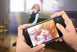 1boy 1girl 2.5_jigen_no_ririsa :d amano_ririsa anime_coloring arm_behind_head black_vest blonde_hair blue_eyes bow bowtie brown_hair cardigan_vest cellphone cellphone_photo collared_shirt colored_eyelashes cosplay couch dual_persona fingernails glasses highres holding holding_phone indoors juxtaposition key_visual liliel_(2.5_jigen_no_ririsa) liliel_(2.5_jigen_no_ririsa)_(cosplay) looking_at_viewer official_art okumura_masamune on_couch open_mouth phone pov pov_hands promotional_art red_bow red_bowtie school_uniform shirt short_hair sitting smartphone smile vest webp-to-png_conversion white_shirt window
