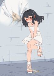 Rule 34 | 1girl, absurdres, between legs, black hair, blush, bright pupils, brown eyes, collarbone, commentary request, dress, embarrassed, flat chest, hand between legs, have to pee, highres, large variant set, long hair, multiple views, one eye closed, open mouth, original, pee, pee stain, peeing, peeing self, rune (dualhart), sandals, standing, standing on one leg, toes, variant set, white dress, white pupils, white sandals