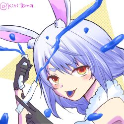 Rule 34 | 1girl, :p, animal ear fluff, animal ears, arm up, bare shoulders, black gloves, blue hair, blue tongue, closed mouth, colored tongue, commentary request, detached sleeves, don-chan (usada pekora), gloves, hair between eyes, hand up, highres, holding, hololive, kiritoma, long hair, looking at viewer, puffy short sleeves, puffy sleeves, rabbit ears, red eyes, short eyebrows, short sleeves, smile, solo, thick eyebrows, tongue, tongue out, twitter username, upper body, usada pekora, usada pekora (1st costume), virtual youtuber, white background, white sleeves