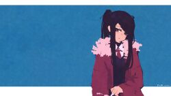 1girl absurdres blue_background brown_eyes cigarette collared_shirt commentary dated english_commentary fur-trimmed_jacket fur_trim highres holding holding_cigarette jacket jill_stingray knee_up long_hair looking_at_viewer necktie purple_hair purple_vest red_jacket red_necktie rnna shirt sidelocks signature simple_background solo twintails upper_body va-11_hall-a vest white_shirt