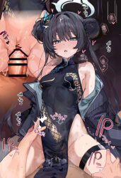 1boy 1girl absurdres bar_censor black_dress black_hair blue_archive breasts censored china_dress chinese_clothes commentary_request cowgirl_position double_bun dragon_print dress grey_eyes grey_halo hair_bun halo hetero highres kisaki_(blue_archive) loli long_hair medium_breasts miyakawa106 pelvic_curtain sex sleeveless sleeveless_dress straddling