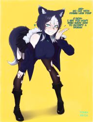 1girl absurdres animal_ear_fluff animal_ears artist_name black_boots black_hair black_shirt black_skirt black_thighhighs blue_eyes boots english_text fur-trimmed_jacket fur_trim garter_straps grin heart highres jacket leaning_forward miniskirt off_shoulder open_clothes open_jacket original pleated_skirt shirt skirt sleeveless sleeveless_shirt smile smug solo strangling tail thighhighs tonka_kryga torn_clothes torn_thighhighs yellow_text