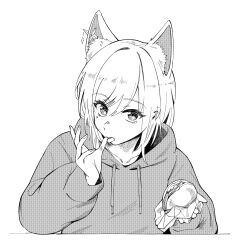 Rule 34 | 1girl, absurdres, animal ear fluff, animal ear piercing, animal ears, burger, collarbone, commentary request, cross, cross facial mark, drawstring, ears visible through hair, facial mark, food, greyscale, hair between eyes, hand to own mouth, hand up, highres, holding, holding burger, holding food, hood, hood down, hoodie, itsumeee3, licking own finger, long sleeves, looking at viewer, monochrome, original, short hair, simple background, solo, swept bangs, tongue, tongue out, white background