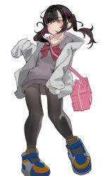 1girl absurdres black_pantyhose colored_inner_hair highres hood hooded_jacket hoodie inno_(innoamp) jacket jirai_kei multicolored_hair original over-kneehighs pantyhose shoes simple_background sneakers thighhighs twintails