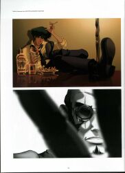 Rule 34 | 2boys, absurdres, bald, beard, bottle, cigarette, cowboy bebop, facial hair, highres, holding, holding cigarette, jet black, magazine (object), multiple boys, necktie, official art, scan, scar, scar across eye, scar on face, shirt, spike spiegel, spiked hair, sunglasses