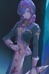 1girl blood blood_on_clothes blood_on_hands cowboy_shot daniella demento drill_hair gem glass_shard hair_over_one_eye hand_on_own_stomach highres holding holding_glass_shard holding_weapon medium_hair miichinori purple_eyes purple_hair solo twin_drills weapon