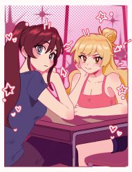 2girls aknee_(thegodoffortuna) bare_shoulders black_hair black_pants blonde_hair blue_eyes blue_shirt breasts brown_eyes class_of_09 cleavage cursor hair_between_eyes hair_bun hand_on_own_cheek hand_on_own_chin hand_on_own_face heart highres jecka_(class_of_09) looking_at_viewer multiple_girls nicole_(class_of_09) pants pink_shirt ponytail shirt short_shorts shorts sleeveless smile star_(symbol)