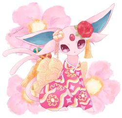 animal_focus clothed_pokemon commentary_request espeon espeon_(pokebuki) flower forked_tail gen_2_pokemon highres japanese_clothes kimono nintendo no_humans pokemon pokemon_(creature) pokemon_unite purple_eyes sitting solo sorashiramu tail twitter_username