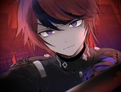 1boy black_streaks blue_eyes gakuran highres lailai0178223 last_defense_academy_school_uniform looking_at_viewer male_focus multicolored_hair portrait red_background red_hair school_uniform short_hair solo streaked_hair sumino_takumi sweat the_hundred_line_-last_defense_academy- twitter_username watermark