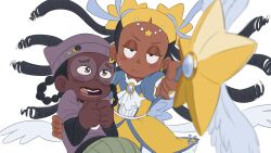 2girls absurdres afro_puffs aika_(kiana_mai) beanie black_hair blurry blurry_foreground blush dark-skinned_female dark_skin dreadlocks dress feathered_wings glasses hat highres holding holding_staff i_don&#039;t_want_to_be_a_magical_girl implied_yuri kiana_mai lips magical_girl multiple_girls shirt smile staff sweatdrop t-shirt teeth upper_teeth_only very_dark_skin wings zira_(kiana_mai)
