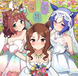 3girls animal_ears blue_hair blush bouquet bridal_veil cesario_(twinbell_queen)_(umamusume) cesario_(umamusume) commentary_request dress flower green_eyes highres holding holding_bouquet horse_ears horse_girl jewelry king_halo_(umamusume) looking_at_viewer multiple_girls necklace official_alternate_costume purple_eyes red_eyes rhein_kraft_(umamusume) short_hair smile speech_bubble takiki translation_request umamusume veil wedding_dress white_dress
