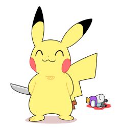 among_us animal_ears blood colored_skin crossover dot_nose gen_1_pokemon happy holding holding_knife knife lai_(pixiv1814979) nintendo no_humans pikachu pokemon pokemon_(creature) smile solo tail white_background yellow_skin