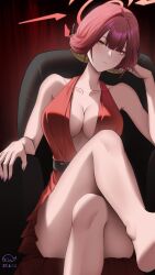1girl absurdres aifankuendefeng alternate_costume alternate_hair_length alternate_hairstyle aru_(blue_archive) bare_arms bare_shoulders barefoot blue_archive blunt_bangs breasts cleavage closed_mouth crossed_legs demon_girl demon_horns dress hair_between_eyes highres horns large_breasts looking_at_viewer on_chair red_dress red_hair short_hair sidelocks sitting sleeveless sleeveless_dress solo yellow_eyes