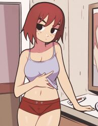 Rule 34 | 1girl, absurdres, bathroom, black eyes, freckles, frown, grey tank top, highres, jeff miga, kim pine, looking at viewer, midriff peek, mirror, red hair, red shorts, scott pilgrim (series), short hair, short shorts, shorts, solo, tank top, toothpaste