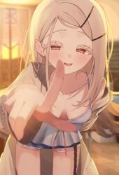 1girl blonde_hair blue_skirt blush breasts brown_jacket cleavage eukr5772 forehead gakuen_idolmaster hair_behind_ear hair_ornament hairclip highres idolmaster jacket long_hair open_mouth pointing pointing_at_viewer shinosawa_hiro shirt skirt sleeveless sleeveless_shirt small_breasts solo teeth upper_teeth_only white_shirt yellow_eyes