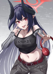 1girl :p absurdres akanbe alternate_costume bare_shoulders belt black_hair black_horns black_shirt blue_archive blush breasts casual chiaki_(blue_archive) commentary cowboy_shot crop_top curved_horns demon_girl demon_horns denim eyelashes eyelid_pull eyes_visible_through_hair grey_background grey_pants grey_sleeves hair_between_eyes halo hands_up headphones highres holding holding_headphones horns jeans kokage_yugure light_blush long_hair long_sleeves looking_at_viewer medium_breasts navel no_headwear off-shoulder_shirt off_shoulder pants pointy_ears red_belt red_eyes red_halo shirt sidelocks simple_background slit_pupils smile solo stomach straight_hair tongue tongue_out two-tone_shirt v v-shaped_eyebrows very_long_hair w