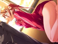 Rule 34 | 1boy, 1girl, ass, bottomless, breasts, censored, closed eyes, covered erect nipples, fellatio, game cg, hatoba fujine, hetero, indoors, kneeling, nexton, oral, penis, ponytail, red hair, school, school uniform, sei dorei gakuen, standing, submission, sunset