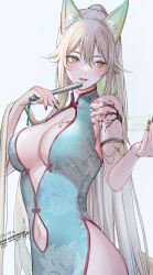 10_plus 1girl aegyo_sal animal_ear_fluff animal_ears arm_tattoo artist_name bare_shoulders blonde_hair blush breasts cleavage clothing_cutout commission commissioner_name dress folded_fan folding_fan fox_ears fox_girl green_dress hair_between_eyes hand_fan hands_up highres holding holding_fan large_breasts long_hair looking_at_viewer nail_polish navel navel_cutout original parted_lips ponytail simple_background skeb_commission sleeveless sleeveless_dress solo suirin_(tukikagerou) tattoo thank_you thick_lips twitter_username yellow_eyes