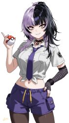 1girl absurdres alternate_costume arm_warmers black_arm_warmers black_hair black_nails brown_pantyhose collared_shirt grey_shirt highres holding holding_poke_ball hololive hololive_english looking_at_viewer multicolored_hair navel necktie nintendo pantyhose poke_ball pokemon purple_necktie purple_shorts shiori_novella shirt shorts single_arm_warmer solo split-color_hair striped_arm_warmers tied_shirt transparent_background two-tone_hair virtual_youtuber vkyo white_hair yellow_eyes