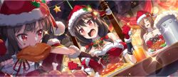 3girls :d alcohol armpit_crease beer beer_mug bell black_bow black_gloves bow bowtie breasts brown_hair cape choker christmas cleavage closed_eyes cross cross-laced_clothes cross-laced_dress cross_choker crumbs cup detached_sleeves dress dress_bow eating elbow_gloves fingerless_gloves food fork from_below fur-trimmed_cape fur-trimmed_dress fur-trimmed_gloves fur-trimmed_headwear fur-trimmed_sleeves fur_choker fur_trim furrowed_brow game_cg gloves green_bow green_bowtie hair_bow hair_over_one_eye hat hat_ornament highres holding holding_food holding_fork holly holly_hat_ornament indoors juice kono_subarashii_sekai_ni_shukufuku_wo! konosuba!_fantastic_days large_breasts light_blush living_room long_hair looking_at_another low_twintails matching_outfits megumin mug multiple_girls official_alternate_costume official_art on_chair open_mouth orange_juice pasta red_bow red_bowtie red_cape red_dress red_eyes red_gloves red_hat red_sleeves santa_costume santa_dress santa_gloves santa_hat short_hair short_hair_with_long_locks short_sleeves sidelocks slice_of_life smile spaghetti strapless strapless_dress turkey_(food) twintails two-tone_bow two-tone_bowtie v-shaped_eyebrows wavy_hair white_choker wiz_(konosuba) yellow_bow yunyun_(konosuba)