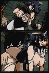 1girl 2boys all_fours ass blue_eyes blue_hair breasts commentary curvy defeat english_commentary eye_mask fellatio gangbang grabbing_another&#039;s_ass groping group_sex highres large_breasts leotard long_hair mark_gavatino midnight_(boku_no_hero_academia) mmf_threesome multiple_boys oral ricky952089 thick_thighs thighs threesome torn_clothes wide_hips