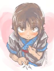 1girl ainu_clothes artist_name blush breasts brown_eyes brown_hair from_above hand_on_own_chest highres legs looking_at_viewer rimururu samurai_spirits short_hair small_breasts smile snk solo thighs
