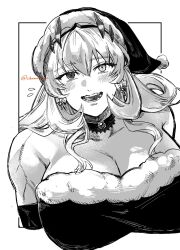 1girl bare_shoulders barghest_(fate) bow bow_earrings breasts choker cibamatoxins cleavage commentary_request earrings fate/grand_order fate_(series) flying_sweatdrops fur_trim hat heterochromia highres huge_breasts jewelry muscular muscular_female open_mouth santa_hat smile solo strapless twitter_username upper_body