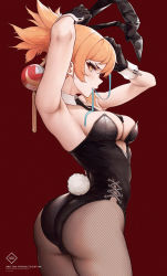 1girl ass blonde_hair blush breasts genshin_impact hair_ornament highres l_ract large_breasts leotard long_hair looking_at_viewer pantyhose playboy_bunny ponytail solo thighs yellow_eyes yoimiya_(genshin_impact)