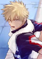 1boy bakugou_katsuki blonde_hair boku_no_hero_academia commentary_request highres looking_at_viewer male_focus open_mouth oroshi_mi red_eyes shirt short_hair solo spiked_hair sweat teeth tongue towel towel_around_neck u.a._gym_uniform upper_body wet wet_hair