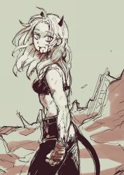 1girl barabarano20 black_bra black_pants blood blood_on_face bra helltaker horns justice_(helltaker) monochrome muscular muscular_female pants sketch tail underwear white_hair