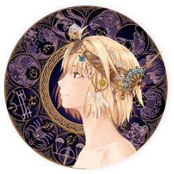 Rule 34 | 1girl, absurdres, ahoge, arcueid brunestud, bare shoulders, blonde hair, blush, from side, gold tiara, highres, loannes, portrait, red eyes, short hair, smile, tiara, tsukihime, tsukihime (remake), zodiac, zodiac wheel