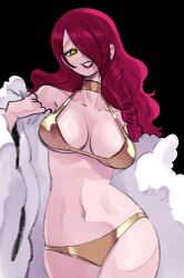 1girl absurdres alternate_costume bikini breasts choker coat collarbone cowboy_shot drill_hair fur_coat glowing glowing_eyes gold_bikini gold_choker grin hair_over_one_eye halterneck highres kirijou_mitsuru large_breasts lipstick long_hair looking_at_viewer makeup navel open_clothes open_coat persona persona_3 persona_4:_the_ultimate_in_mayonaka_arena red_hair red_lips shadow_(persona) sketch smile solo swimsuit wanderjegson yellow_eyes