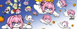 :3 absurdres creature doro_(nikke) flower-shaped_hair goddess_of_victory:_nikke hair_between_eyes hair_bun hair_intakes highres invincible_(series) jeantfydraw meme open_mouth purple_eyes purple_ribbon ribbon scene_reference shiny_eyes simple_background single_side_bun smile