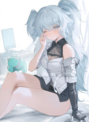 Rule 34 | 1girl, ;/, absurdres, adjusting hair, arm support, bare legs, bed sheet, black dress, black gloves, blue eyes, collared dress, crossed legs, dezhouyou touguigui, dress, elbow gloves, feet out of frame, florence (girls&#039; frontline 2), girls&#039; frontline, girls&#039; frontline 2: exilium, gloves, grey hair, hand up, highres, jacket, long hair, looking at viewer, monitor, on bed, pa-15 (girls&#039; frontline), short dress, short sleeves, single elbow glove, sitting, sleepy, solo, two side up, waking up, watermark, weibo watermark, white background, white jacket