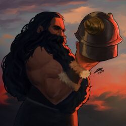 1boy bara beard black_hair cloud commentary covered_mouth cowboy_shot dungeon_meshi dwarf english_commentary facial_hair fake_horns fingernails from_side fur_trim hair_slicked_back hand_up helmet highres holding holding_helmet horned_helmet horns long_beard long_hair looking_to_the_side male_focus muscular muscular_male mustache nature nurve26 senshi_(dungeon_meshi) signature sky sleeveless solo twilight unworn_headwear unworn_helmet upper_body vambraces